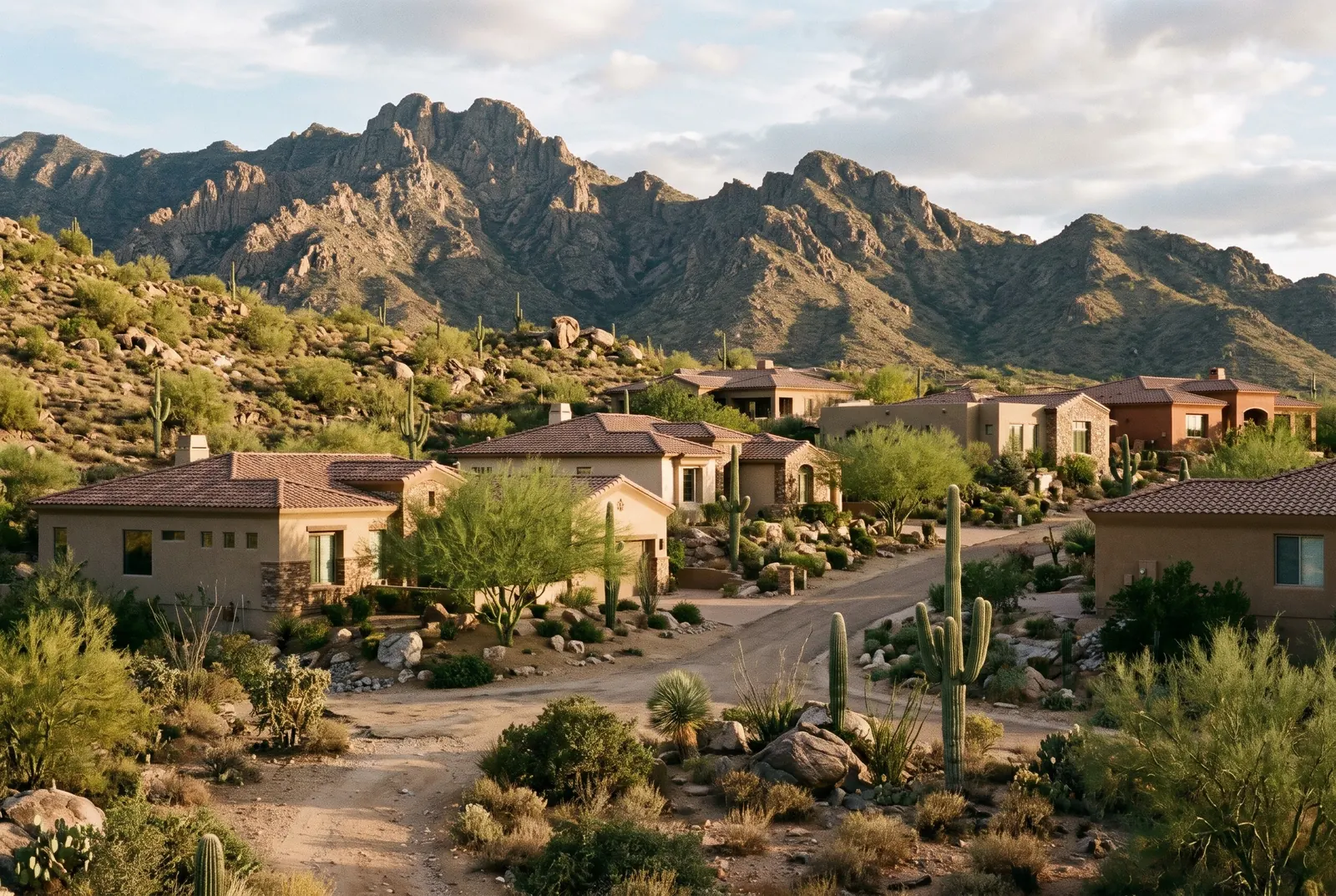 Stucco homes with tile roofs among saguaros and boulders below rugged mountains