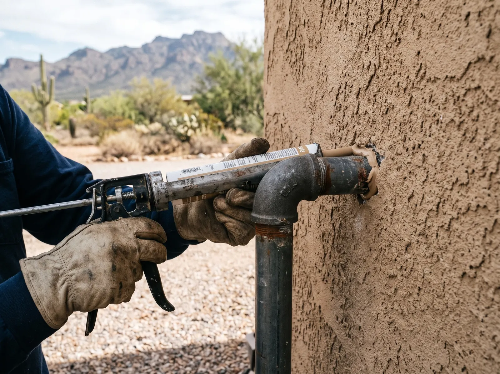 Gloved hands sealing the gap around a pipe entering a stucco wall